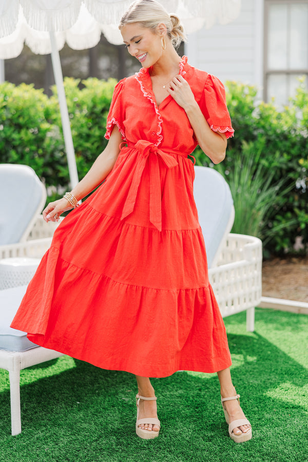 red midi ruffle dress One Shoulder Embellished Ruffle Midi Dress Red