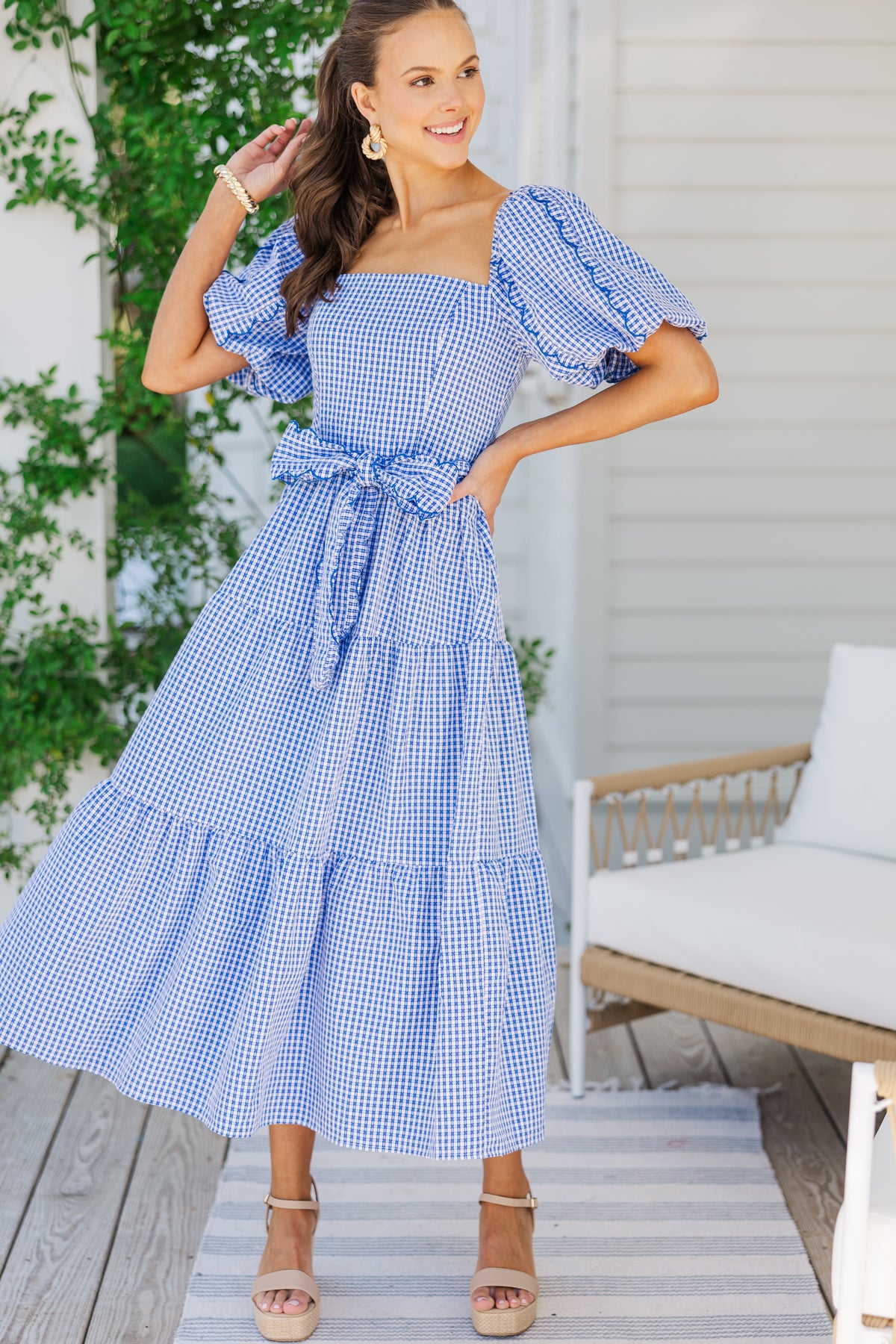 gingham dress midi Frances Valentine Women's Michelle - Blue Flattering tied waist The Notion Blue Gingham Midi