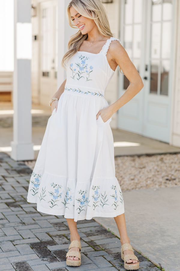 embroidered midi dress white White Floral Embroidered Midi Dress - All Dresses