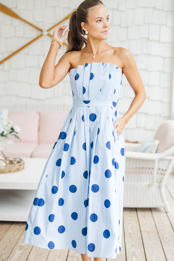Look It Over Blue Polka Dot Midi Dress