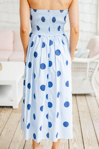 Look It Over Blue Polka Dot Midi Dress