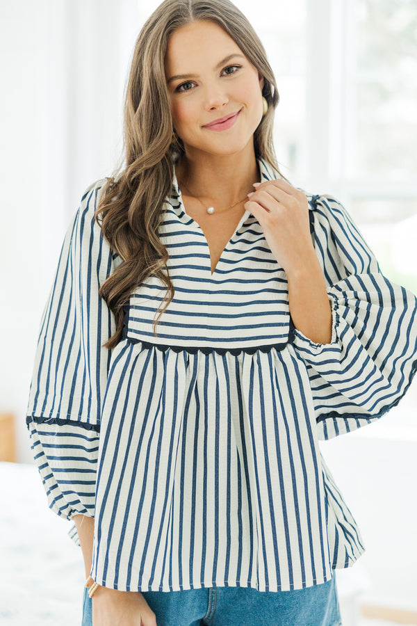 All Your Own Navy Blue Striped Blouse