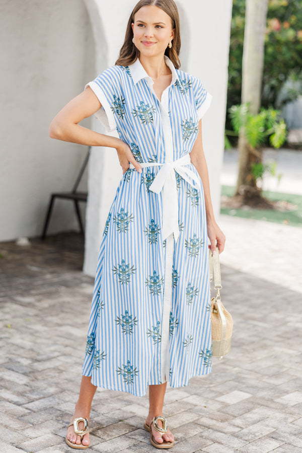 Walk Along Blue Striped Floral Midi Dress Shop the Mint Walk Along Blue Striped Floral Midi Dress Shop the Mint