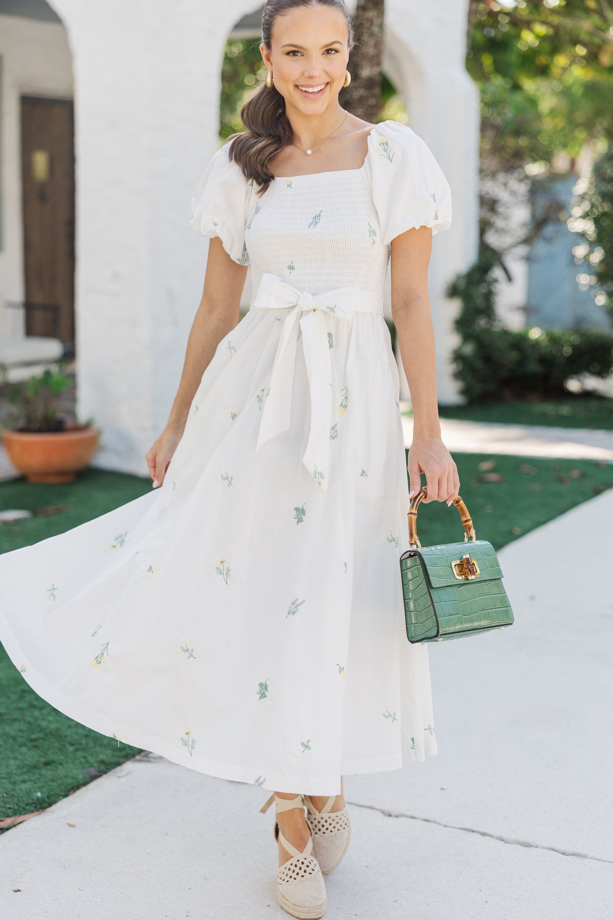 Lily Blossom White Embroidered Midi Dress, Large - The Mint Julep Boutique