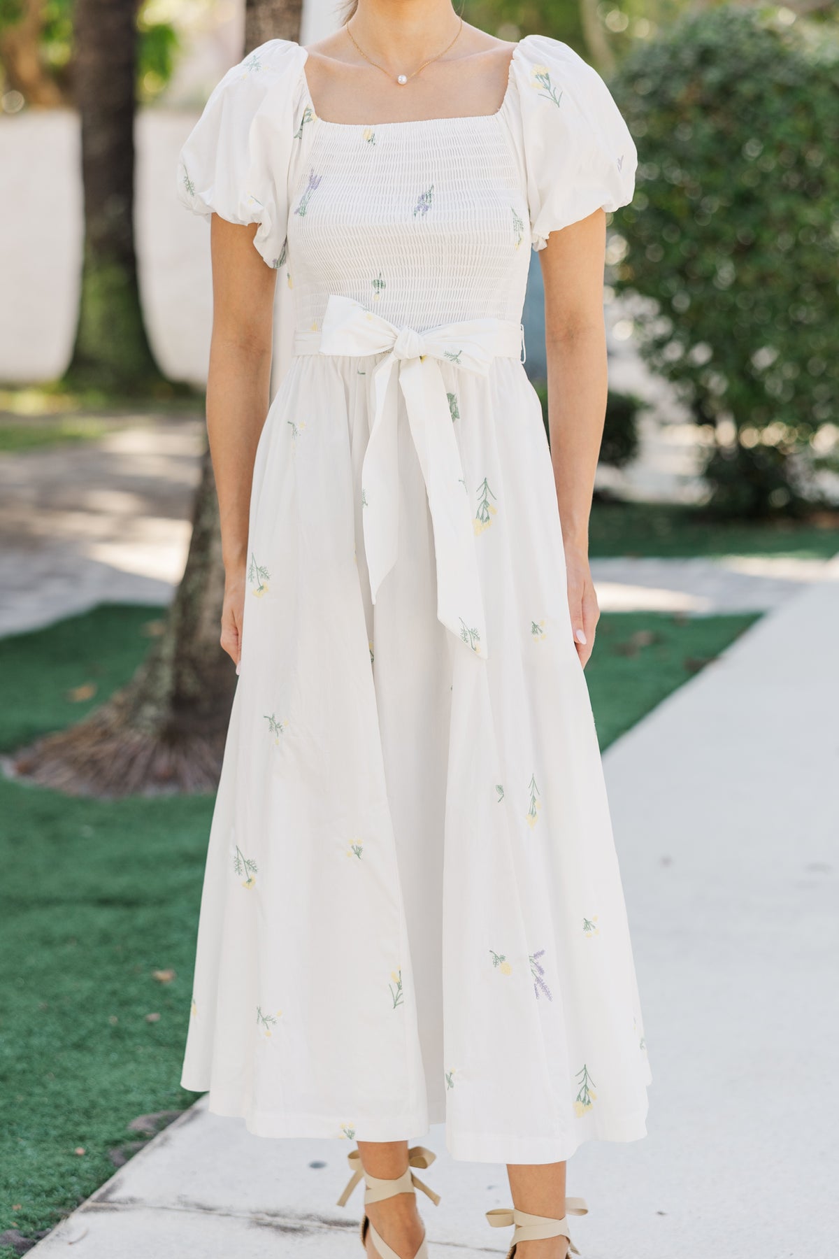 Lily Blossom White Embroidered Midi Dress – Shop the Mint