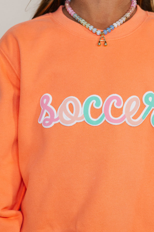 Girls: Soccer Script Coral Orange Graphic Sweatshirt
