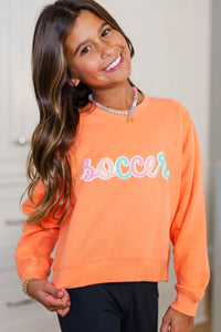 Girls: Soccer Script Coral Orange Graphic Sweatshirt