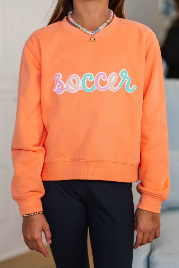 Girls: Soccer Script Coral Orange Graphic Sweatshirt