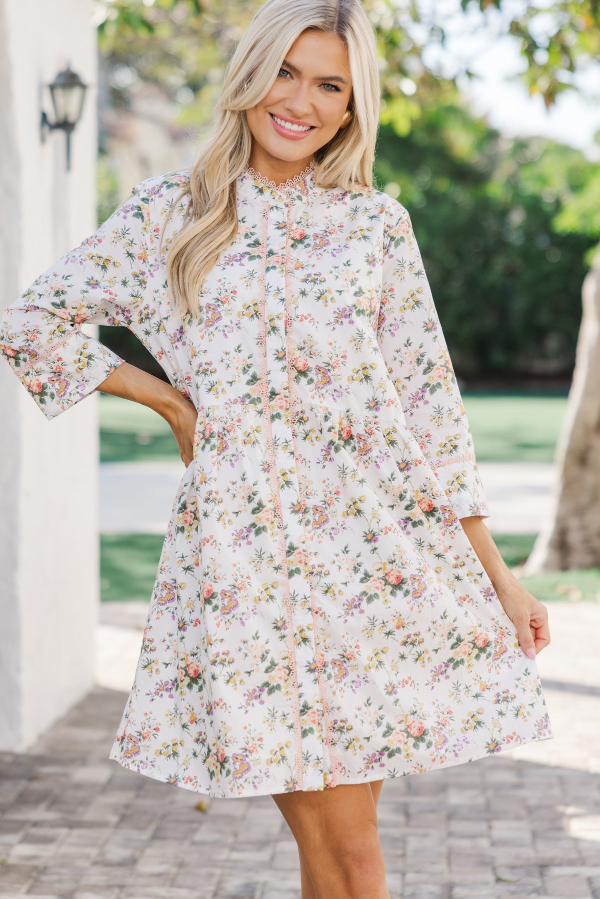 Ivory Ditsy Floral Rib Knit V-Neck Long Sleeve Top