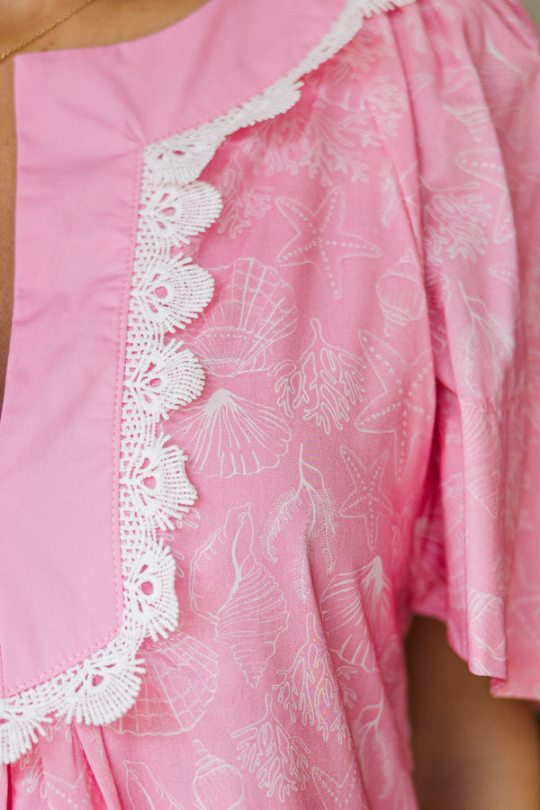 Just A Theory Pink Coastal Print Cotton Dress