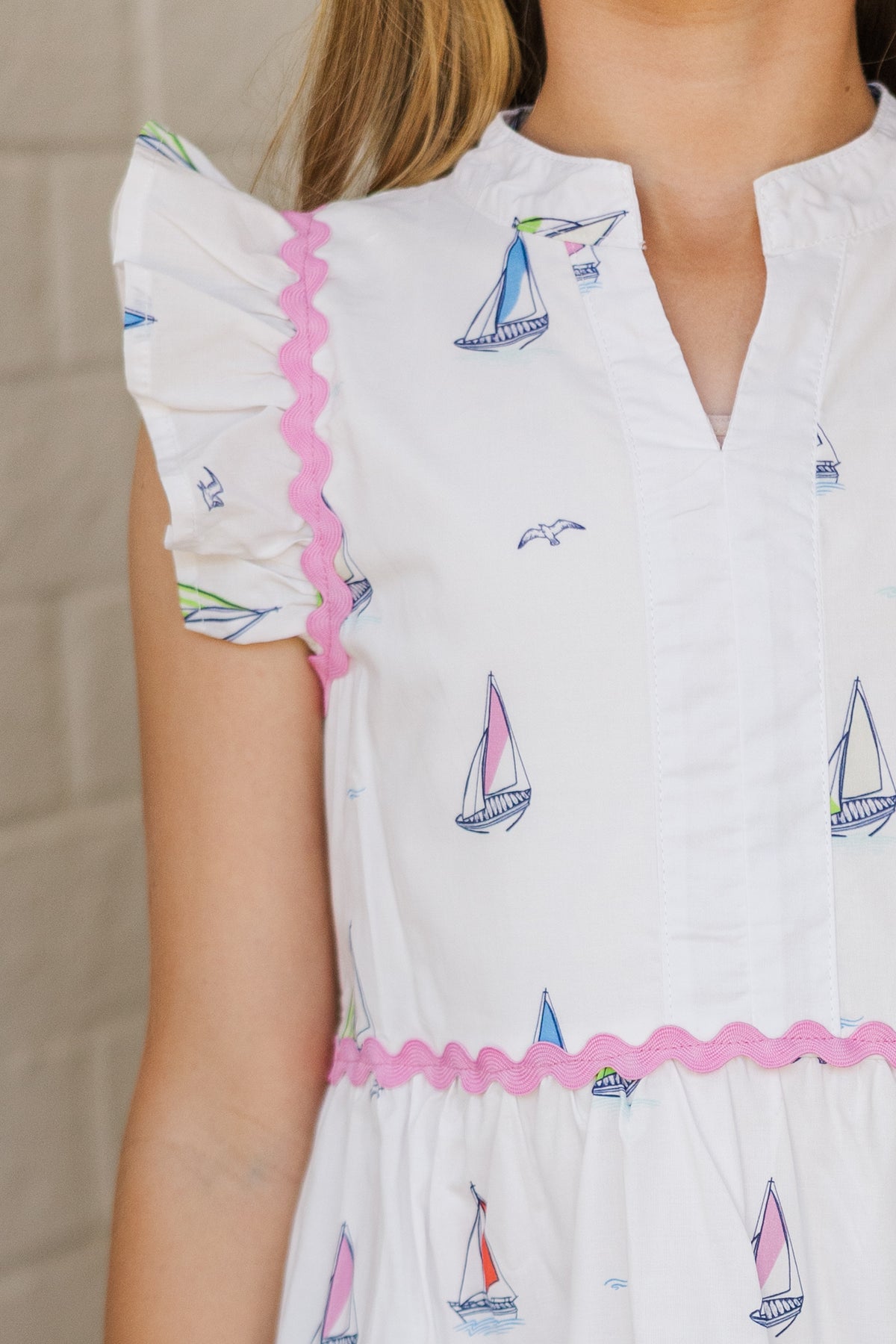 White Day Gown with Embroidered Sailboats main image 1