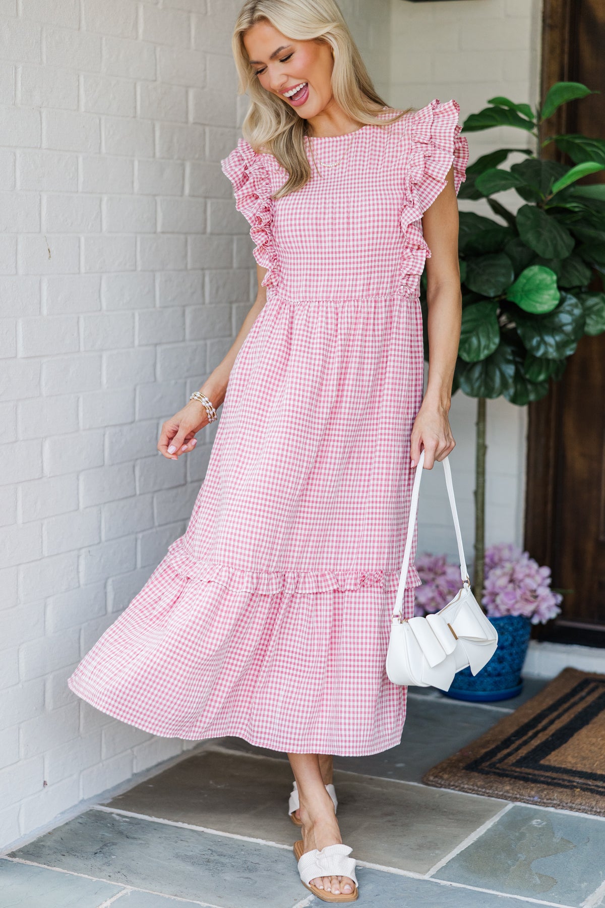 pink gingham a line dress Feminine Pursuits Midi – Shop the Mint * Elegant feminine fit Stretch satin HOW TO WEAR A Color:Pure White