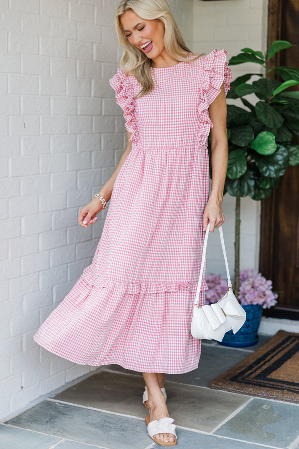 gingham midi dress Sleeveless in Red Sugar & Spice Flattering tied waist Feminine Pursuits Pink Gingham Midi