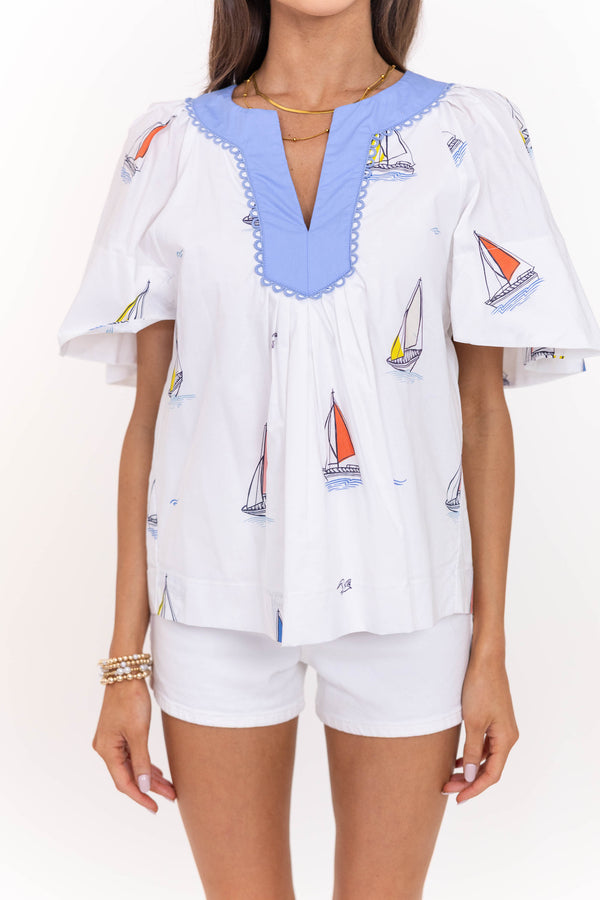 Just A Theory White Sailboat Cotton Blouse