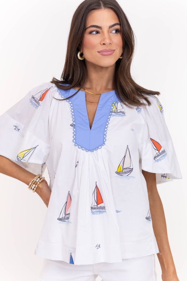 Just A Theory White Sailboat Cotton Blouse