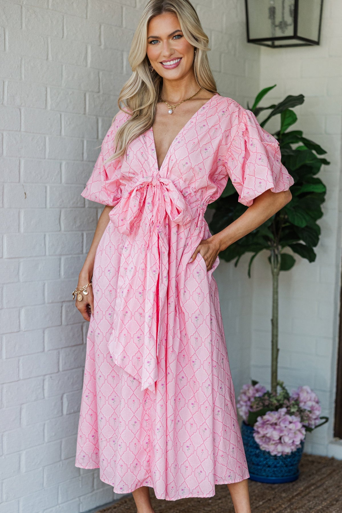 pink floral wrap midi dress Cute Fuchsia Pink Floral Print Dress - Ruffled Dress - Wrap Dress