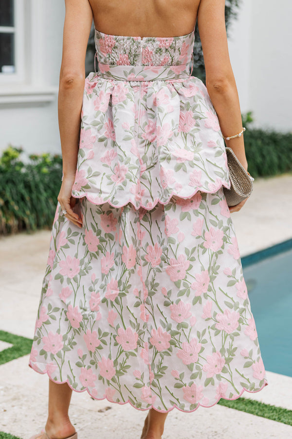 blush floral pleated ruffle midi dress Pink Floral Ruffle Strap Pleated Bodice Midi Dress PinkBlush