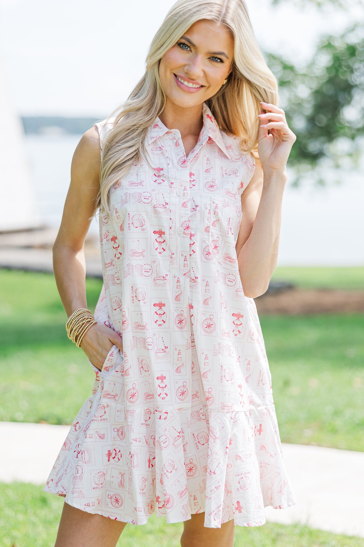 Take A Stroll Red Nautical Postage Print Dress, Small - The Mint Julep Boutique
