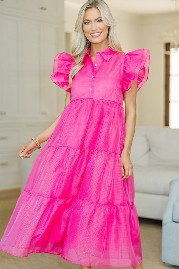 fuschia midi dress Stylish Season Off Shoulder Satin Midi Dress Fuchsia
