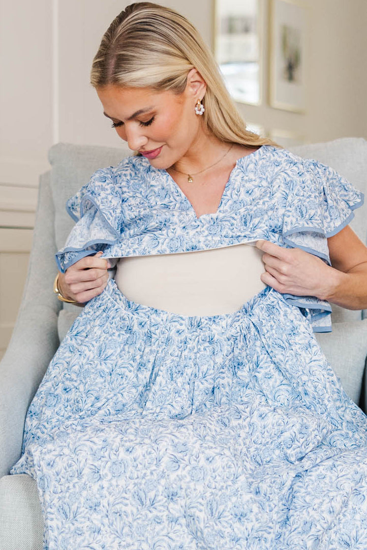 blue floral maternity dress NURSING COLLECTION: Closer Than Ever Blue Floral Midi Dress – Shop the Mint