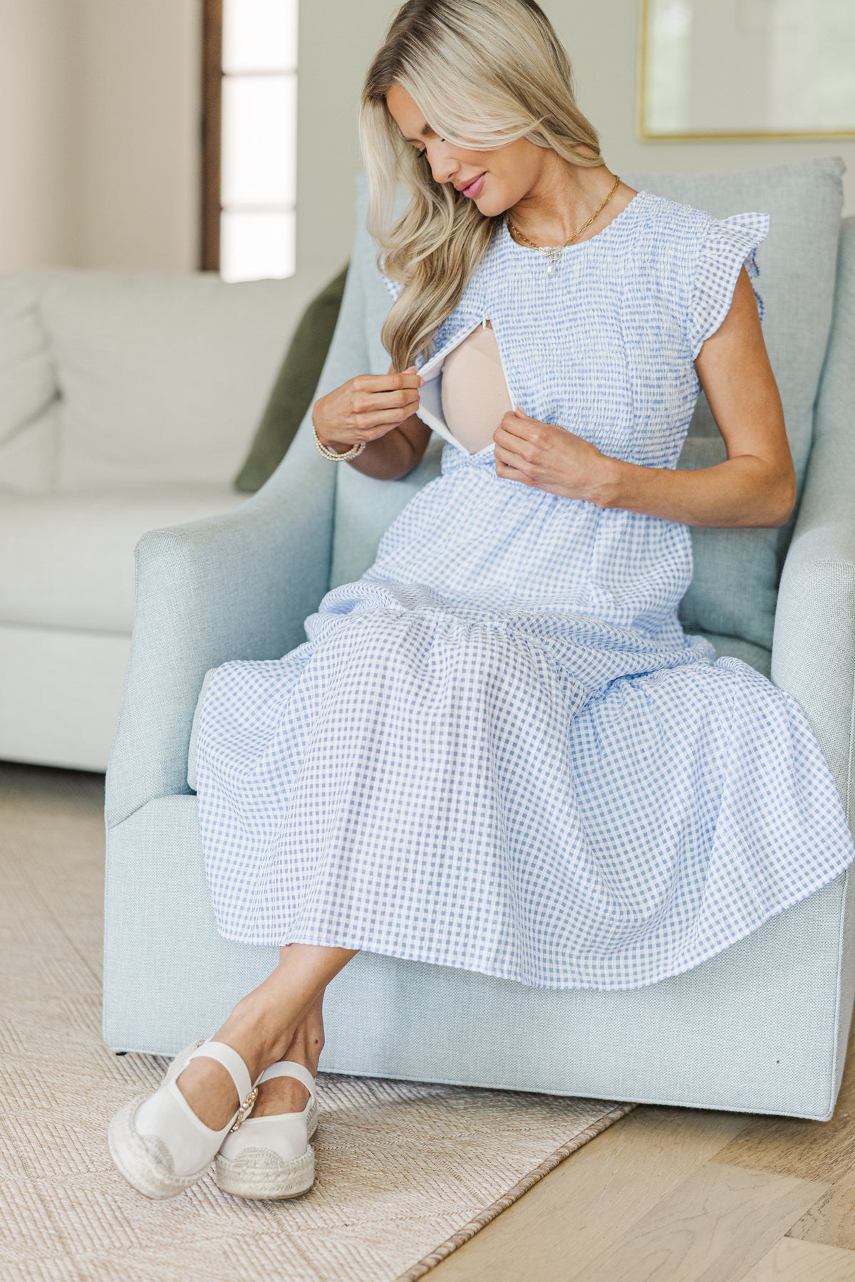 Nova V-neck Modern Gingham Nursing Dress in Brick Amber