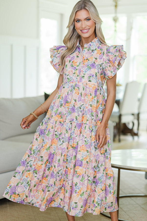 nursing midi dress NURSING COLLECTION: More Good Days Purple Floral Midi Dress, Small - The Mint Julep Boutique