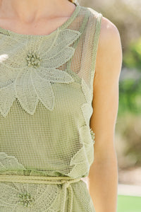 Garden Whimsy Sage Green Crochet Midi Dress