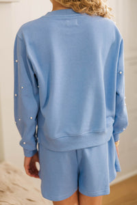 Girls: The Lara Light Blue Pearl Embellished Sweatshirt