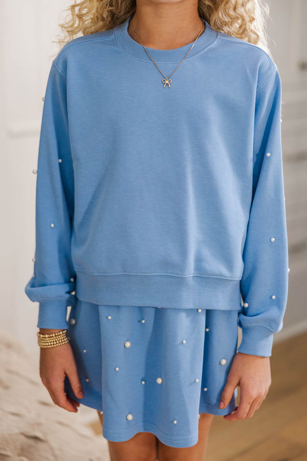 Girls: The Lara Light Blue Pearl Embellished Sweatshirt