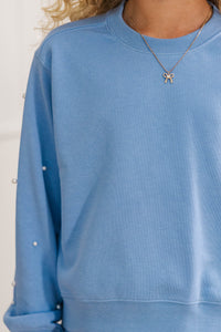 Girls: The Lara Light Blue Pearl Embellished Sweatshirt