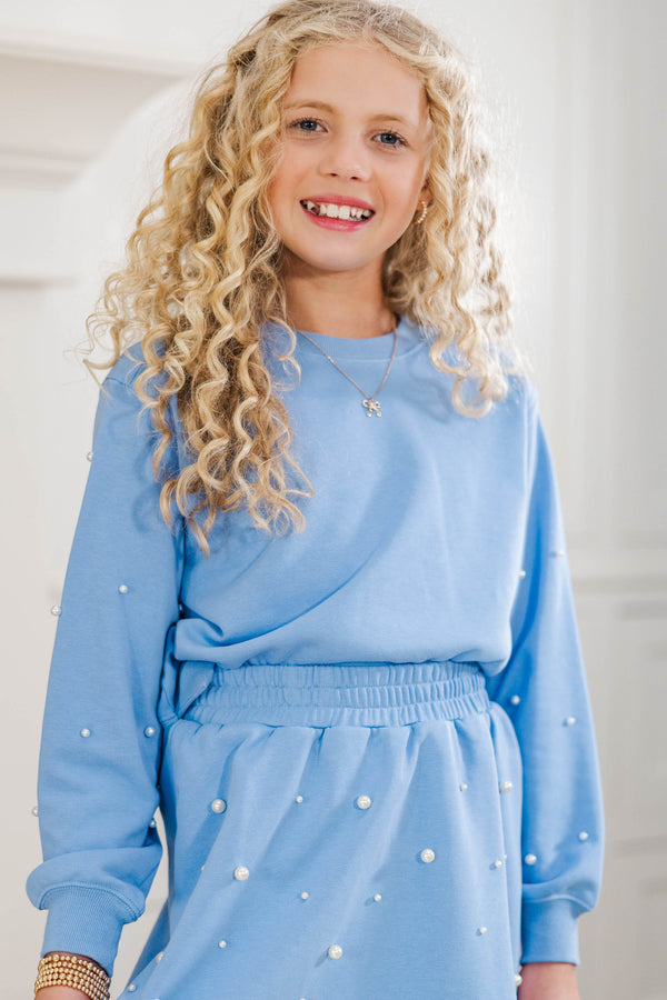 Girls: The Lara Light Blue Pearl Embellished Sweatshirt