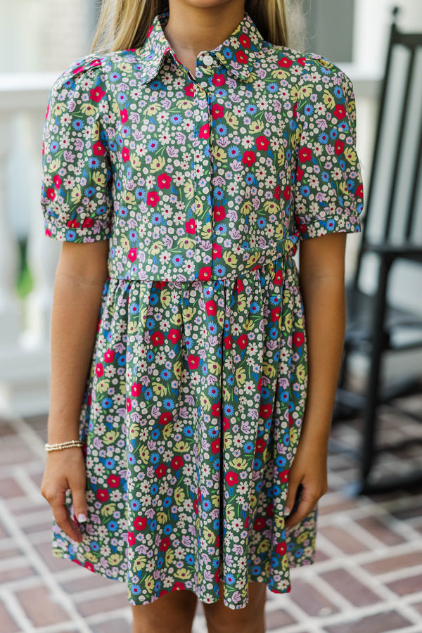 Girls: All For You Green Floral Shirt Dress