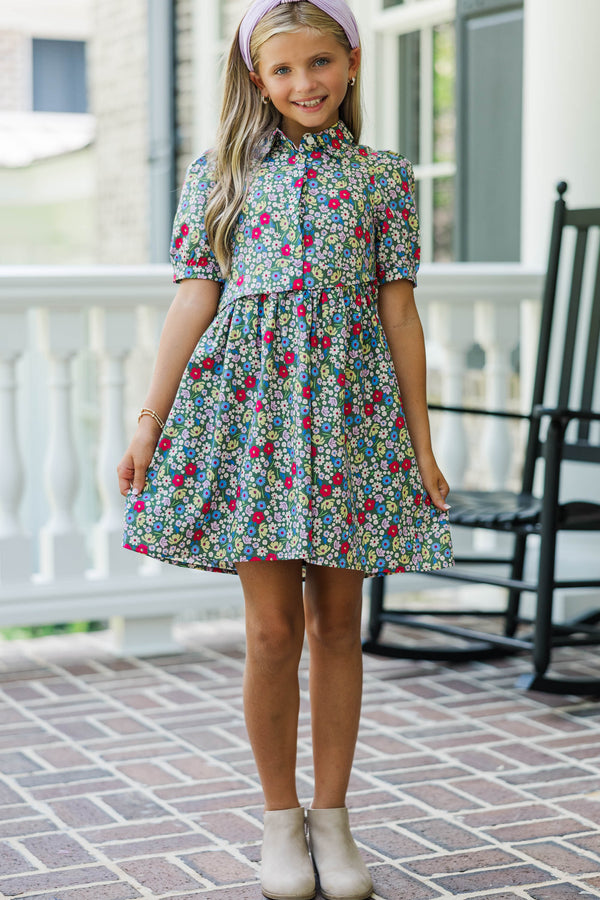 Girls: All For You Green Floral Shirt Dress