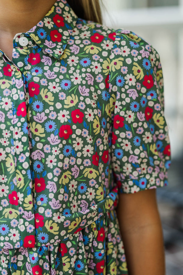 Girls: All For You Green Floral Shirt Dress