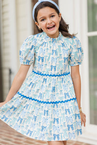 Girls: The Addison Blue Bow Print Dress