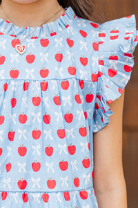 Girls: Sweet Nature Light Blue Bows & Apples Babydoll Dress