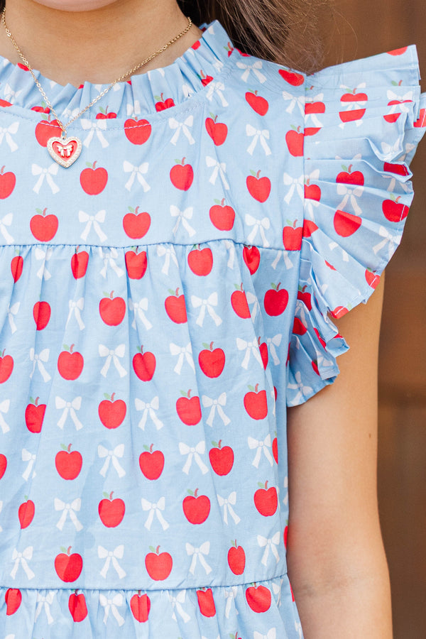 Girls: Sweet Nature Light Blue Bows & Apples Babydoll Dress