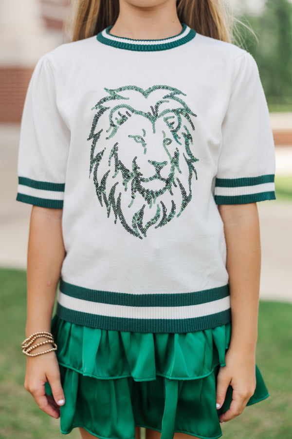 Girls: Stay In Character White and Green Lions Sweater