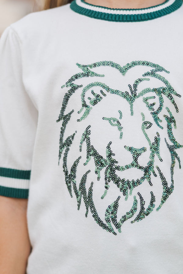 Girls: Stay In Character White and Green Lions Sweater