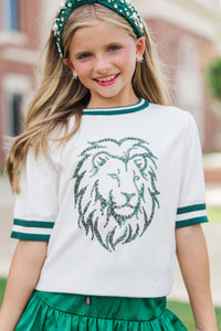 Girls: Stay In Character White and Green Lions Sweater