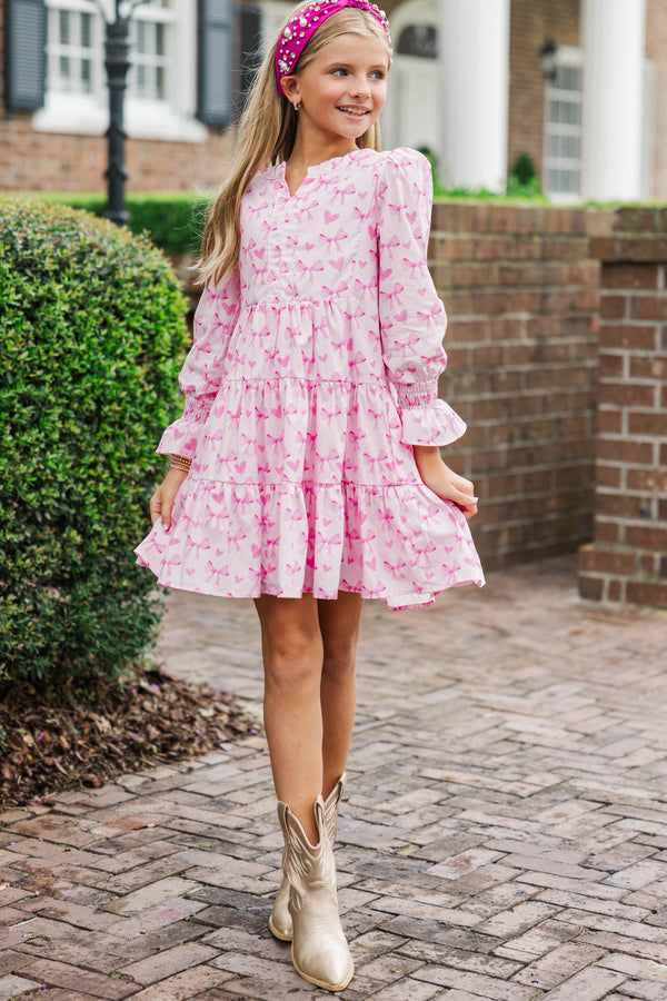 Girls: In Your Happy Place Pink Bow Print Dress