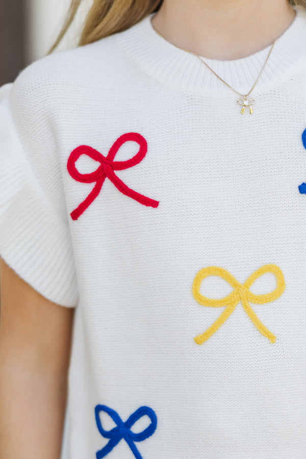 Girls: The Kennedy White Multi Bow Sweater