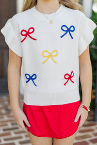 Girls: The Kennedy White Multi Bow Sweater