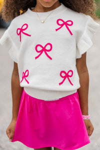 Girls: The Kennedy White Fuchsia Bow Sweater