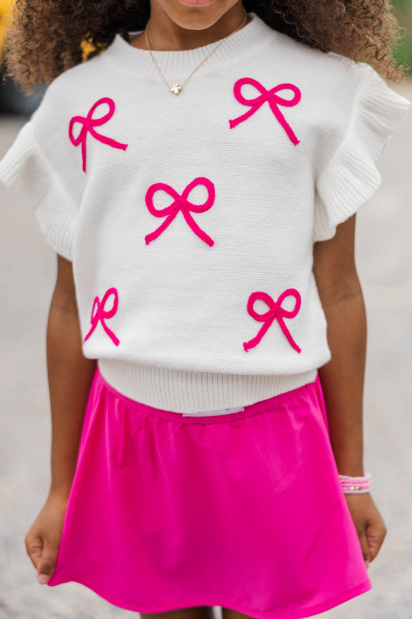 Girls: The Kennedy White Fuchsia Bow Sweater