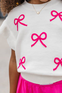 Girls: The Kennedy White Fuchsia Bow Sweater