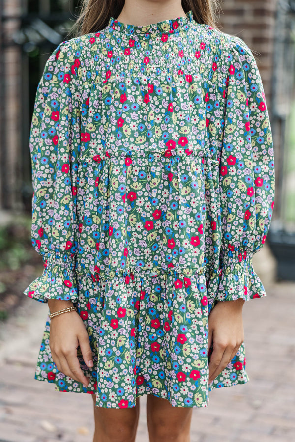 Girls: All About It Green Ditsy Floral Babydoll Dress