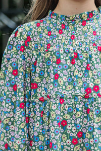 Girls: All About It Green Ditsy Floral Babydoll Dress
