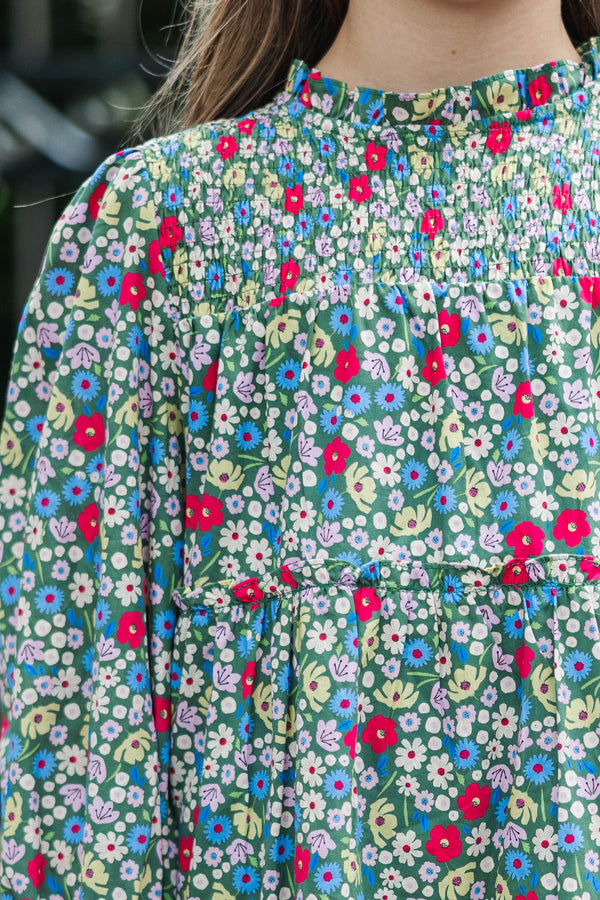 Girls: All About It Green Ditsy Floral Babydoll Dress