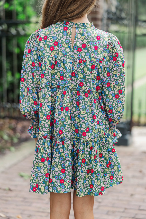 Girls: All About It Green Ditsy Floral Babydoll Dress
